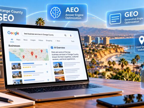 Orange-County-SEO-AEO-and-GEO-strategies-illustrated-on-a-laptop-displaying-local-Google-search-results-and-AI-generated-answers-overlooking-the-Southern-California-coastline