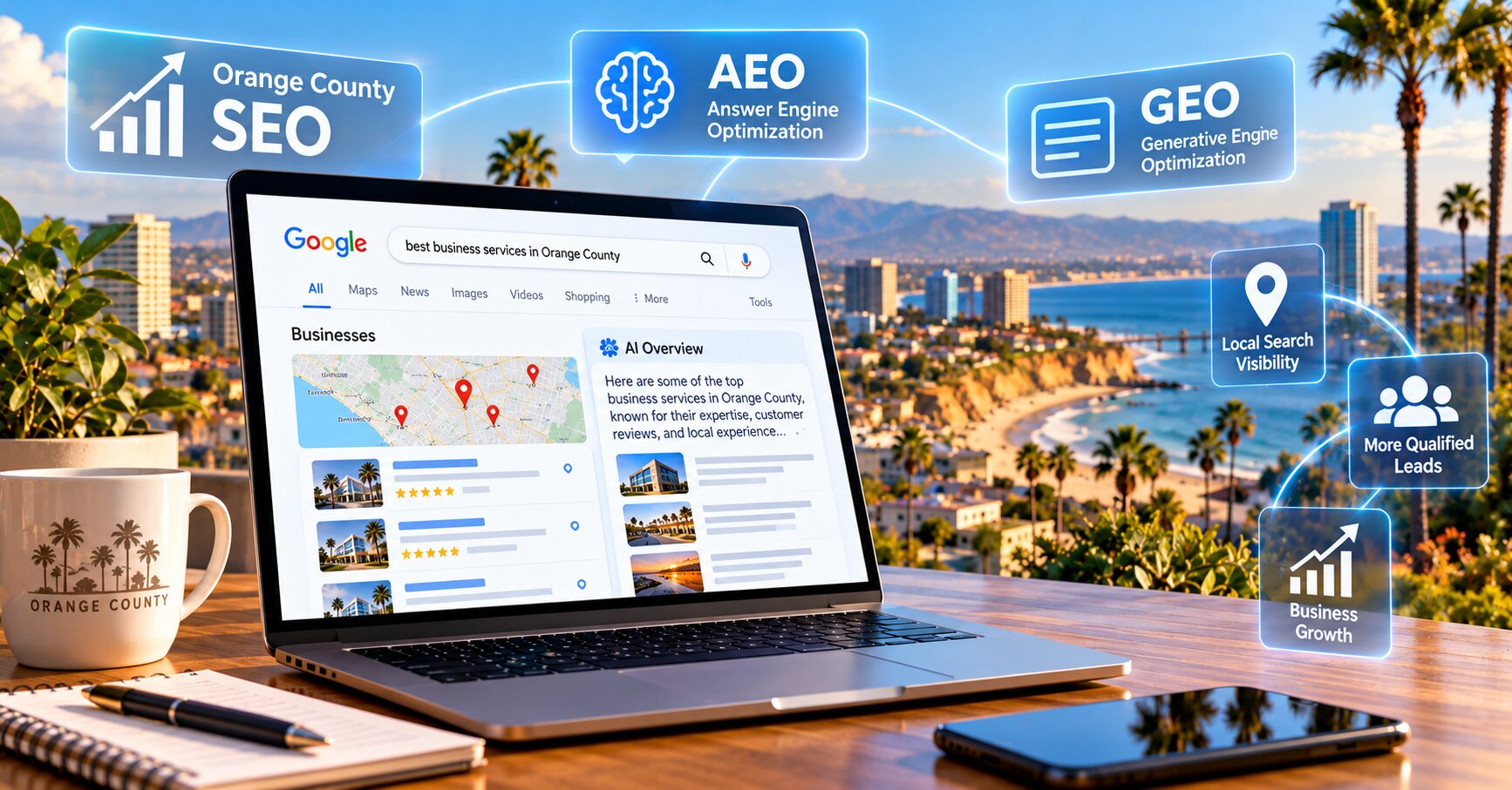 Orange-County-SEO-AEO-and-GEO-strategies-illustrated-on-a-laptop-displaying-local-Google-search-results-and-AI-generated-answers-overlooking-the-Southern-California-coastline
